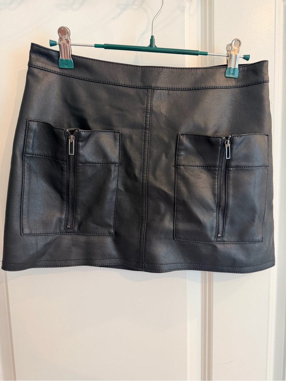 BCBGMaxAzria Black Faux Leather Mini Skirt with Front Zip Pockets